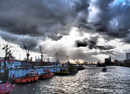 germany, hamburg, harbour, ship, deutschland, clouds, sun, boat HD wallpaper