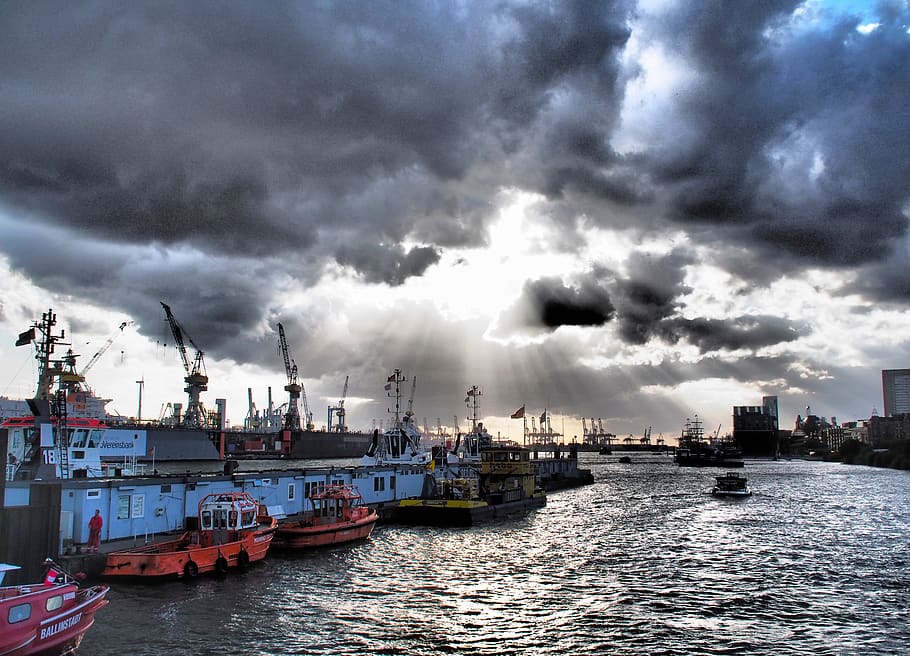 germany, hamburg, harbour, ship, deutschland, clouds, sun, boat HD wallpaper