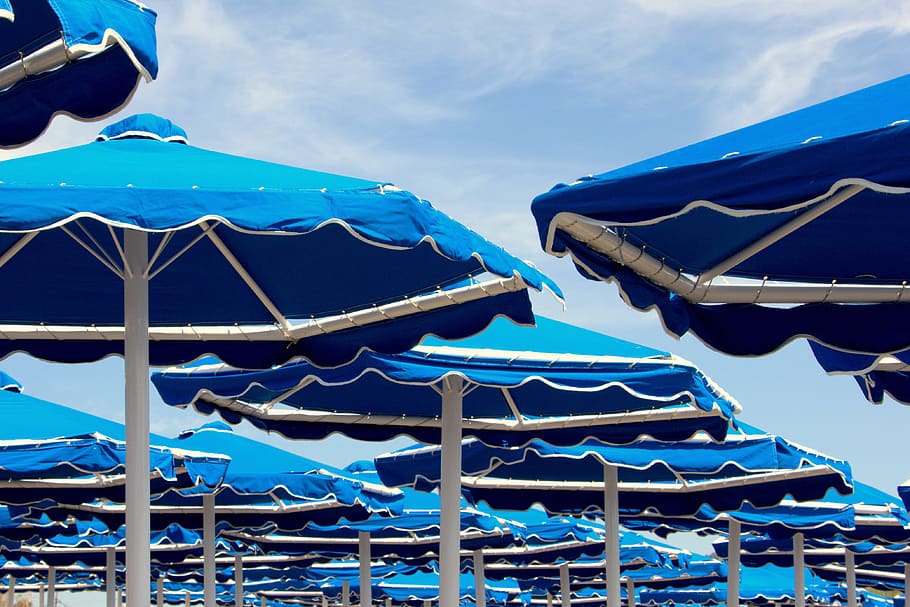 parasols, blue, beach, sky, vacations, greece, summer, sea HD wallpaper