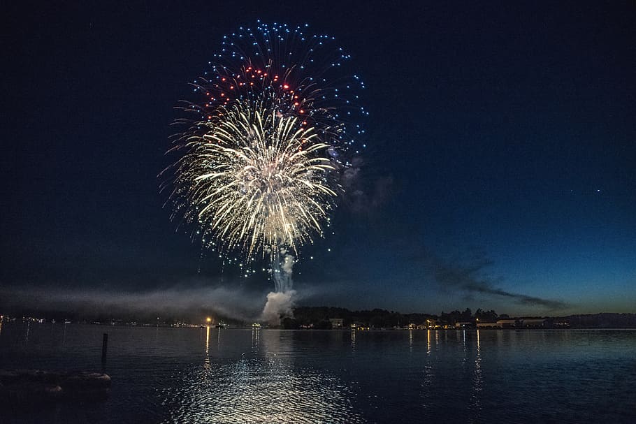Red, Blue, and White Firework Display, celebration, colors, dark HD wallpaper