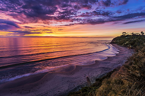 seashore during sunset, united states, encinitas, swamis seaside park HD wallpaper
