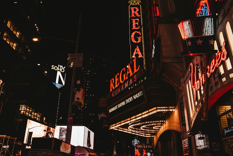 Regal Cinemas building, illuminated, built structure, night, architecture HD wallpaper