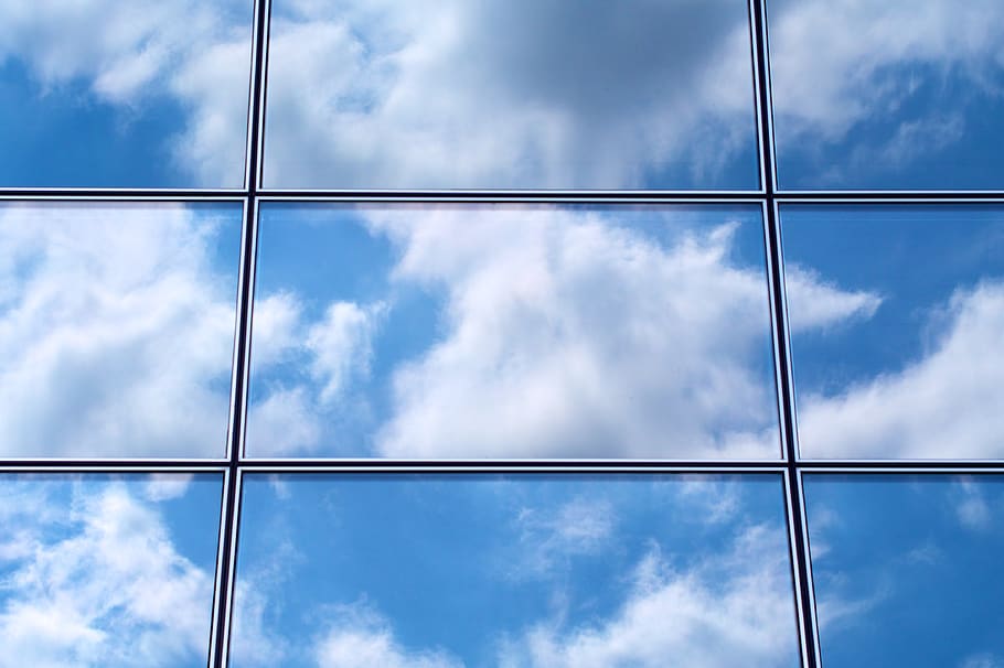 sky, reflection, window, symmetry, blue, clouds, clear, glass HD wallpaper