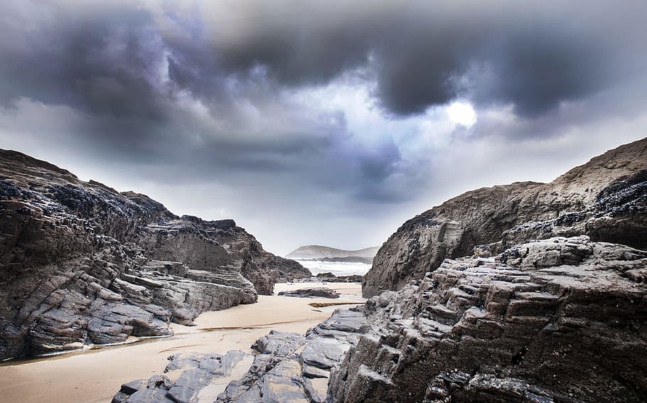 beach, sand, rock, coast, dusk, mountain, cliff, island, landscape HD wallpaper