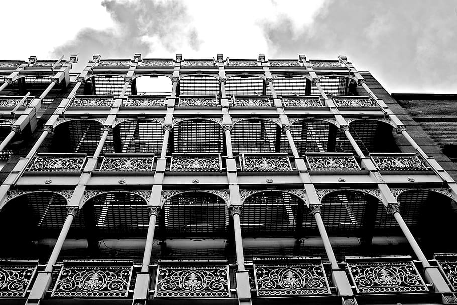Low-angle View of Concrete Building, black-and-white, built structure HD wallpaper