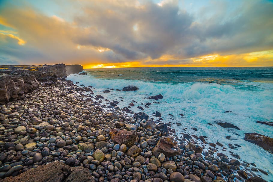 iceland, beach, waves, landscape, cliffs, rocks, sunset, water HD wallpaper
