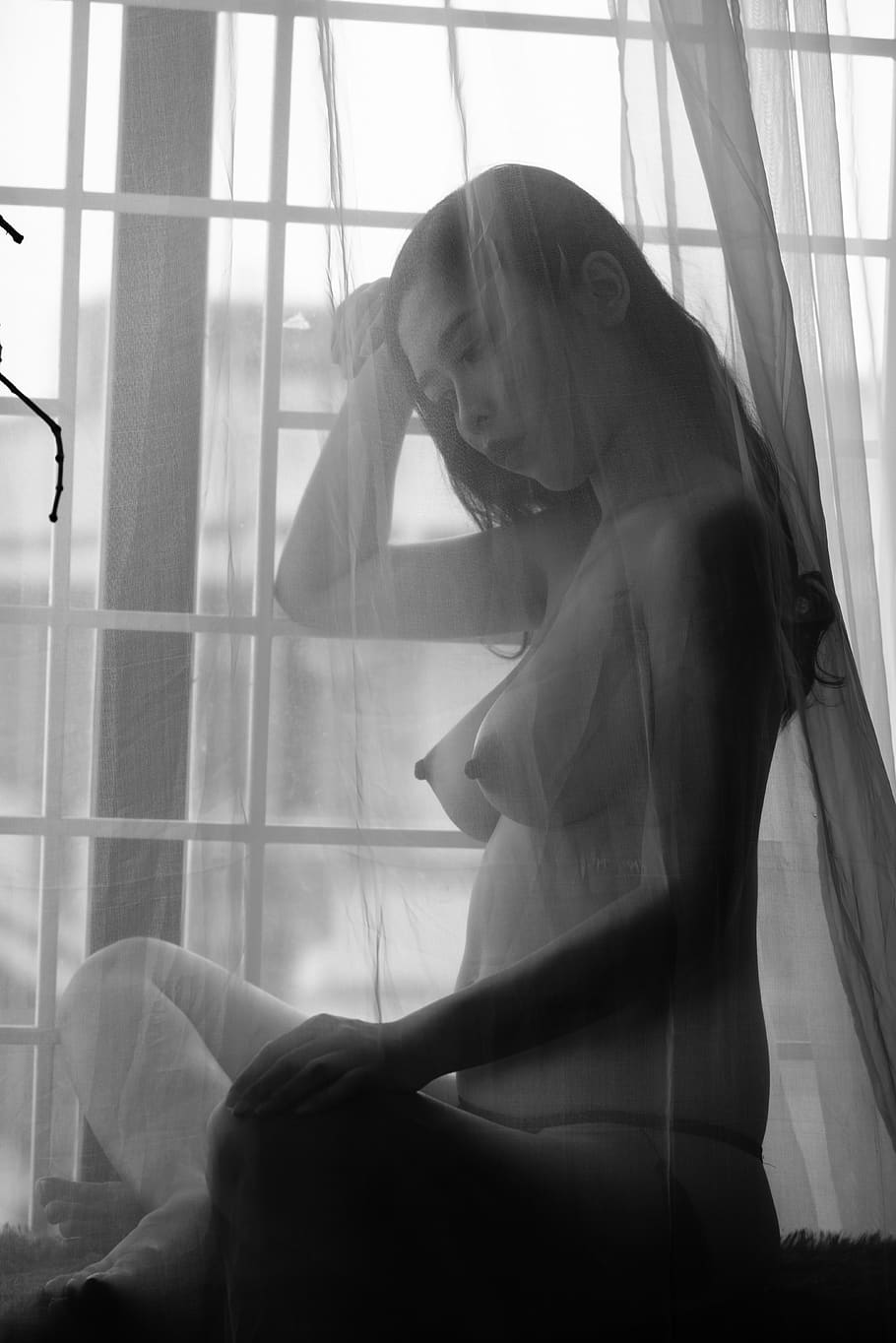 blinds, black and white, window, woman, portrait, asia, beauty, HD wallpaper