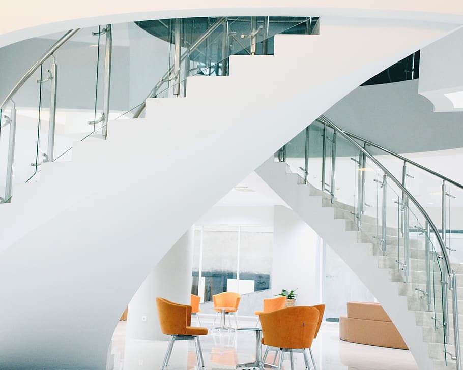 Orange Chairs Near Staircase, architecture, building, contemporary HD wallpaper