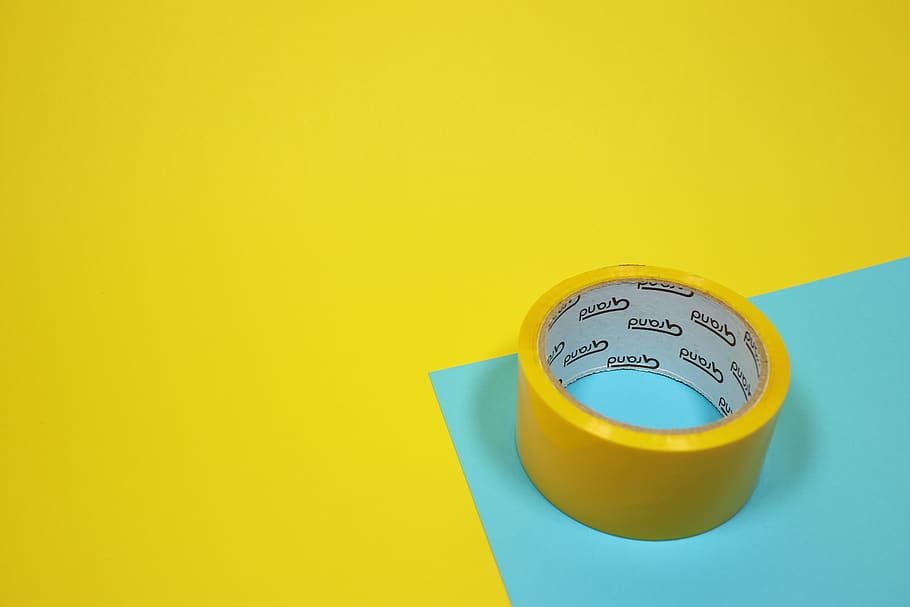 yellow duct tape on blue surface, card, abstract, sellotape, color, HD wallpaper