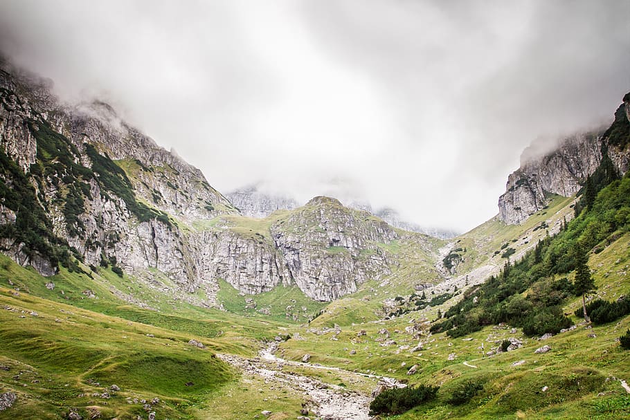 green grass surrounded with mountains, beauty in nature, scenics - nature HD wallpaper
