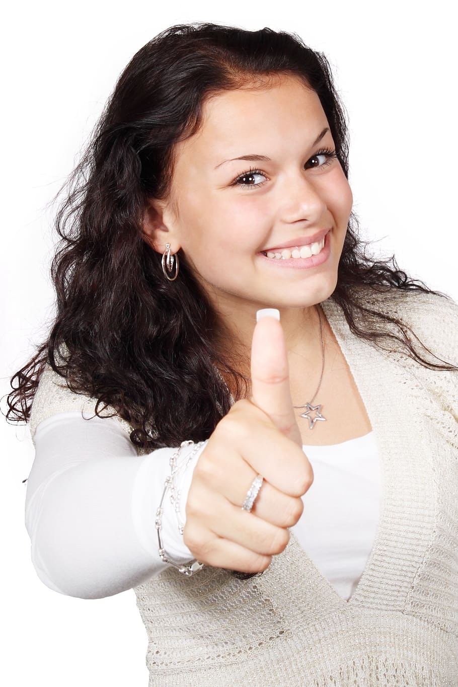 Smiling Woman Wearing White and Beige Showing Thumbs Up, female HD wallpaper