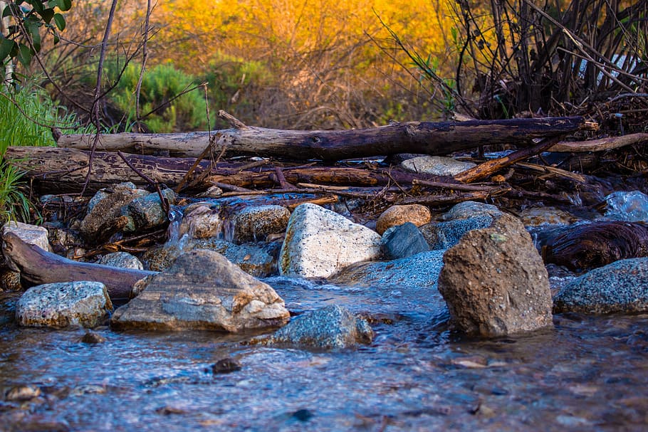 water, stream, flowing, nature, rocks, boulders, logs, dam HD wallpaper