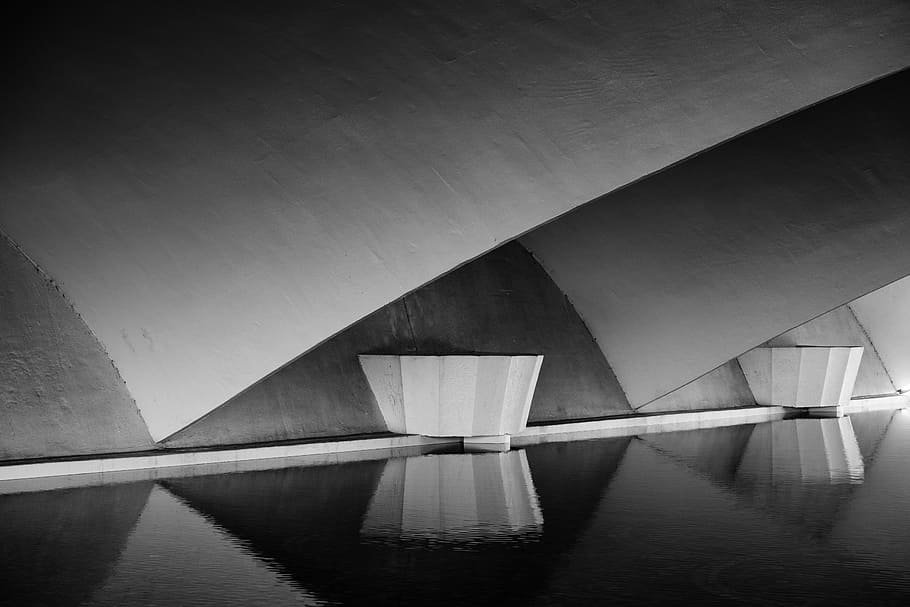 gray bridge platform panoramic photo, reflection, water, architecture HD wallpaper