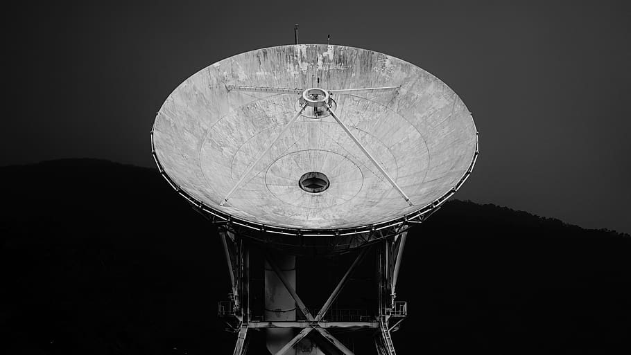 dark, sky, mountain, black and white, satellite, antenna, space HD wallpaper