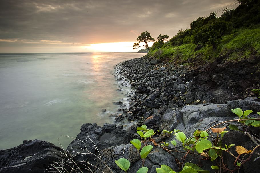 green, rock, landscape, sunset, sunrise, natural, beauty, nature HD wallpaper