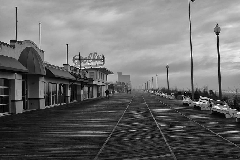 clouds, boardwalk, pier, sky, lonely, architecture, direction HD wallpaper