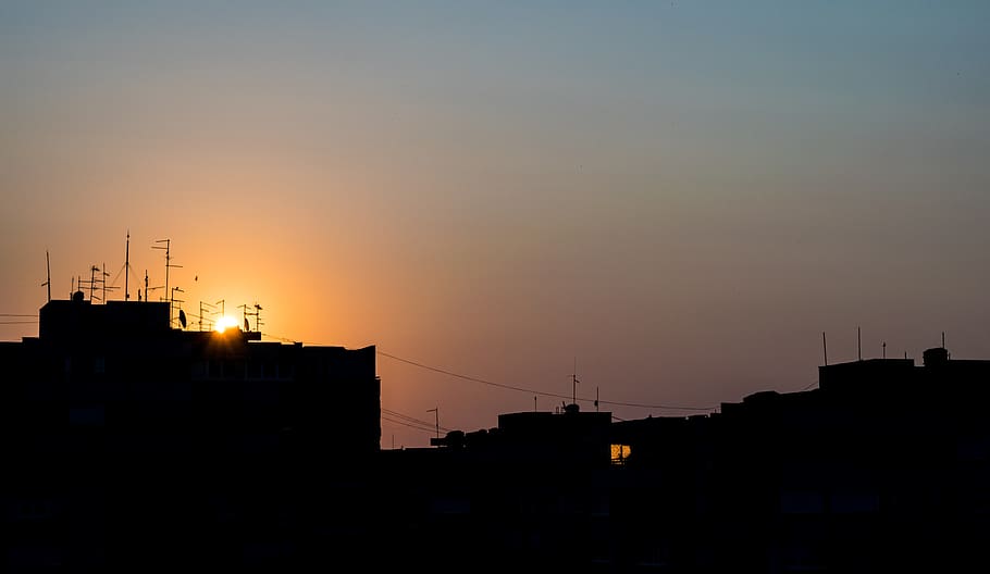 belgrade, serbia, block 45, buildings, silhouette, antena, sunrise