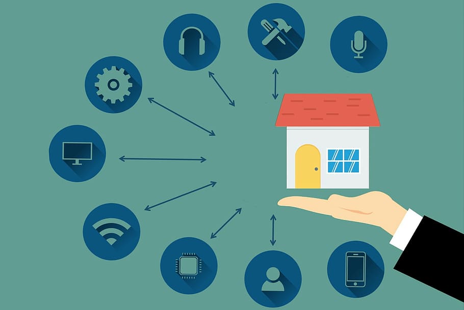 Illustration of smart home with various functional icons, system