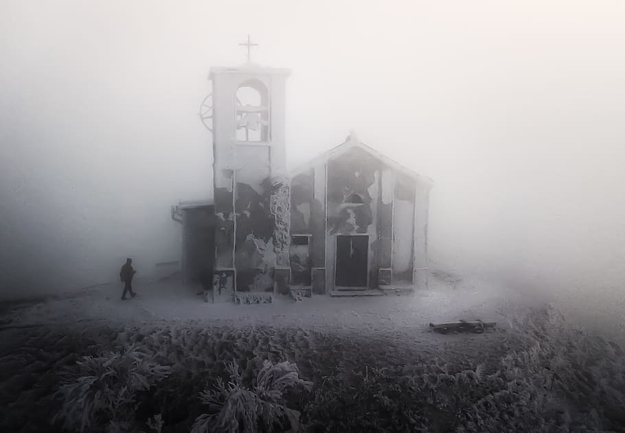 man walking beside building, nature, weather, person, human, fog HD wallpaper