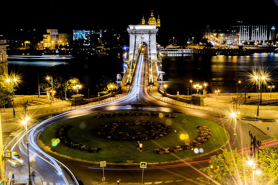 chain bridge, budapest, danube, hungary, water, at night, city HD wallpaper