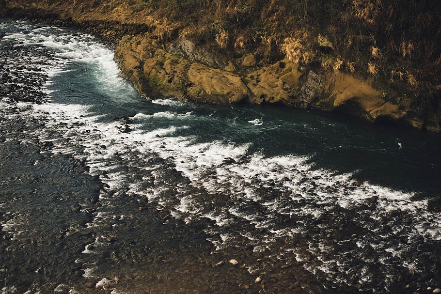 water, liquid, river, riverside, rocks, land, plants, grass HD wallpaper
