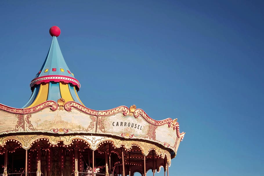 white and blue carousel, built structure, architecture, sky, low angle view HD wallpaper