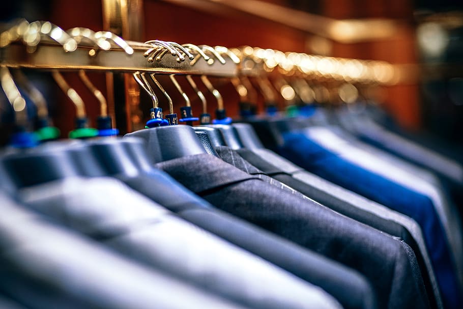 Suit Jackets on Hangers, blue, blur, boutique, clothes, collar