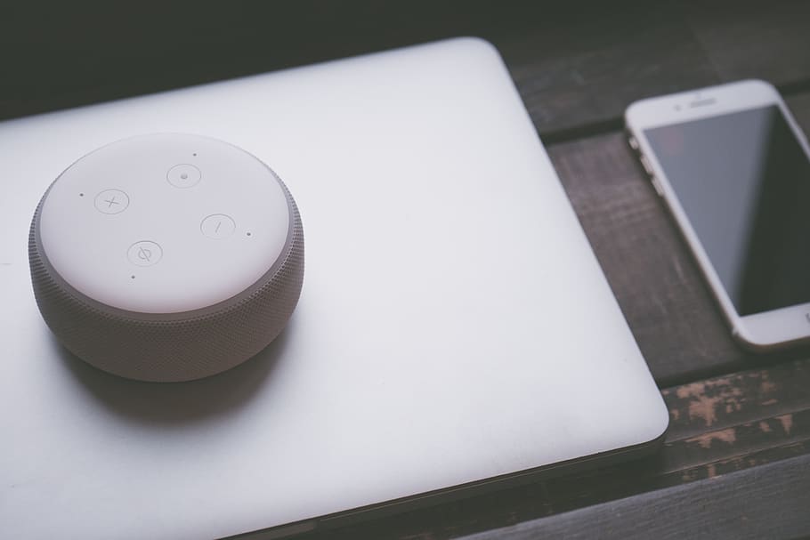 White Bluetooth Speaker On Silver Laptop Computer, amazon, electronics HD wallpaper