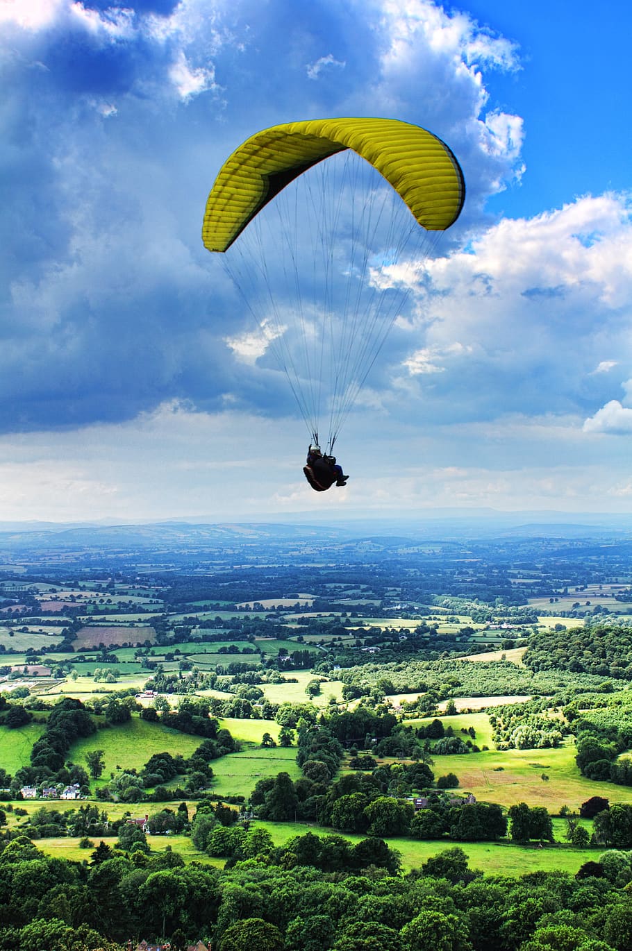 Person Paragliding Under Cloudy Sky, action, active, activity