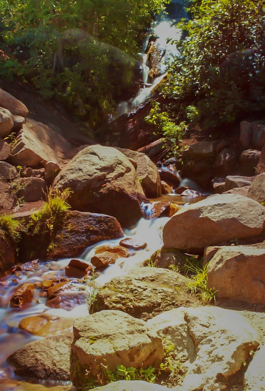 river surrounded by brown rocks, water, plant, tree, solid, rock - object HD wallpaper
