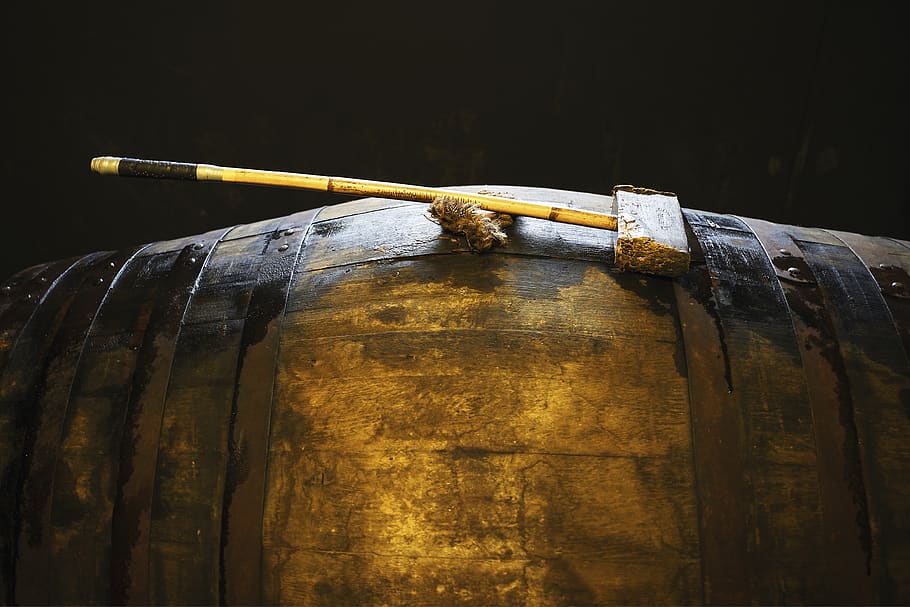 barrel, factory, building, dark, black, golden, age, aged, simple, HD wallpaper