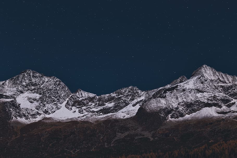 ice-capped mountain at night, sky, star, snow, landscape, dark HD wallpaper