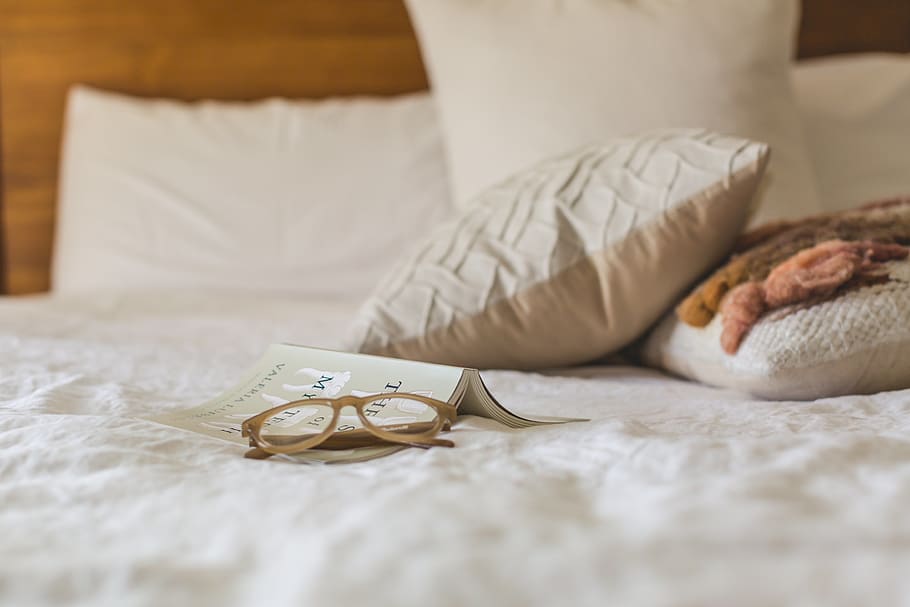 Eyeglasses With Brown Frames on White Textile, bed, blur, indoors HD wallpaper