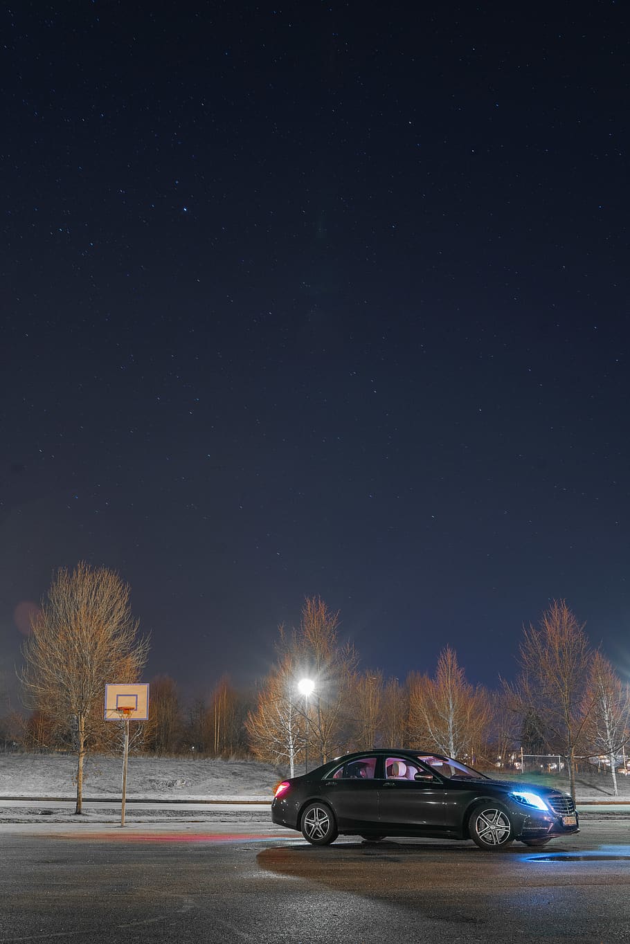 car, night, sky, winter, mercedes, trees, stars, motor vehicle HD wallpaper