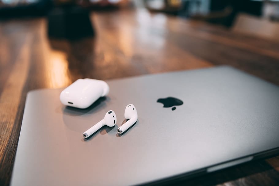 Apple AirPods, table, no people, technology, close-up, indoors HD wallpaper