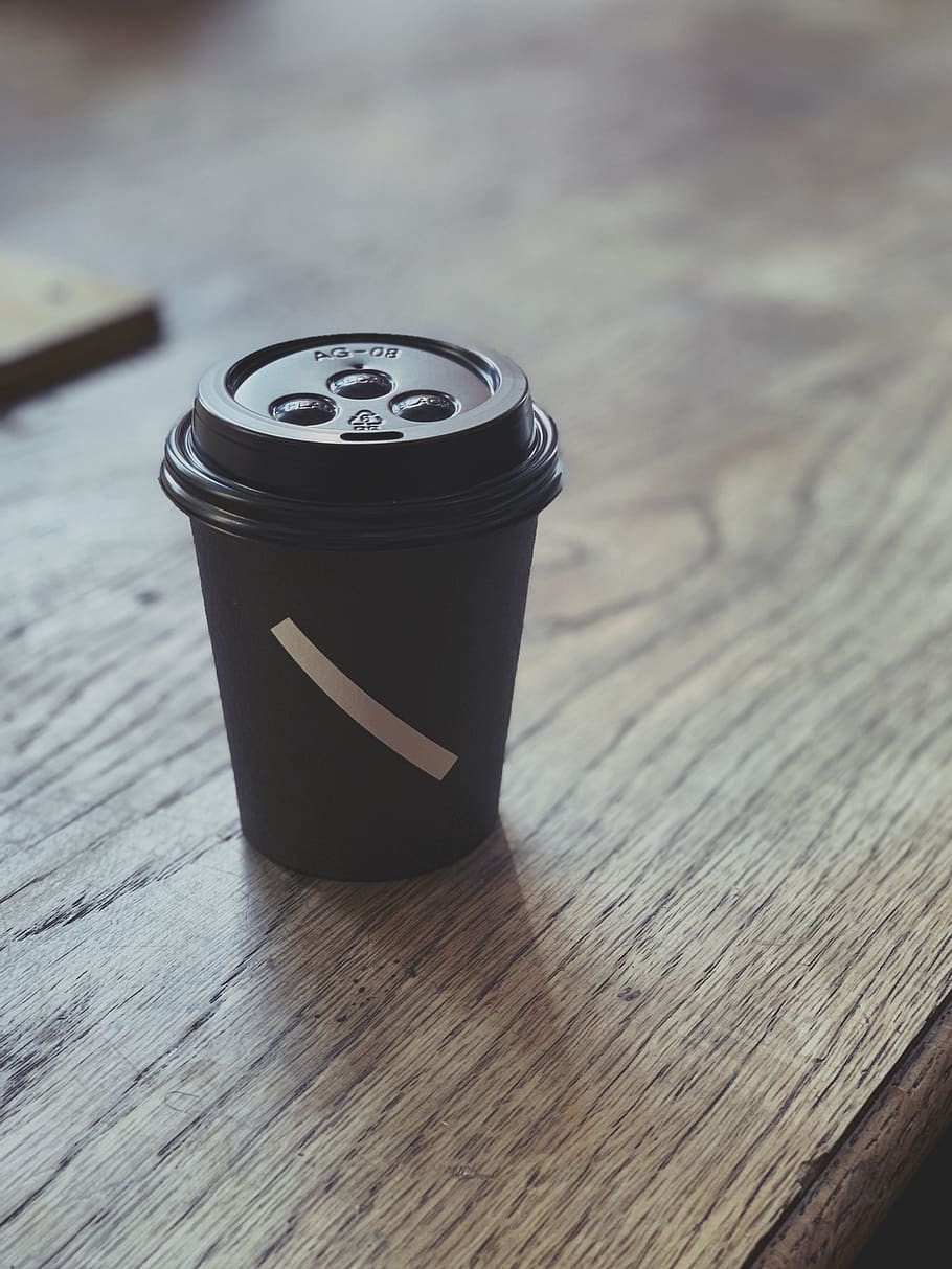 black plastic disposable cup on brown surface, grey, coffee cup HD wallpaper