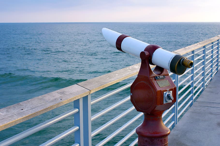 pier, beach, ocean, water, telescope, blue, pacific, sea, railing HD wallpaper