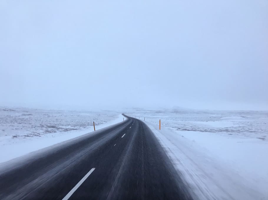 empty road between snow covered land, transportation, the way forward HD wallpaper