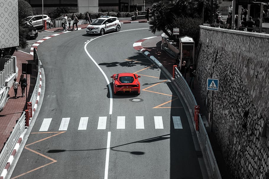 red coupe on road, asphalt, tarmac, human, person, vehicle, automobile HD wallpaper