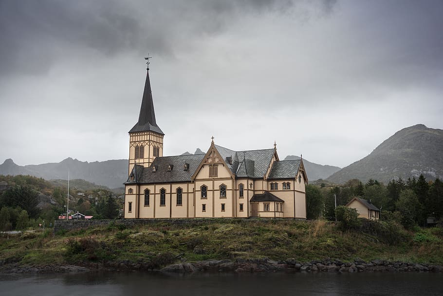 architecture, building, spire, tower, steeple, norway, kabelvag HD wallpaper