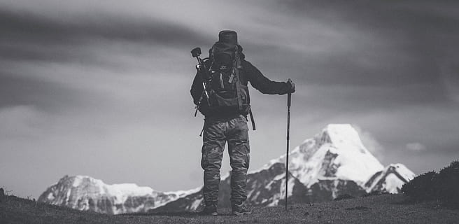 walker, view, mountain, snow, hike, pole, hill, dramatic, black and white HD wallpaper
