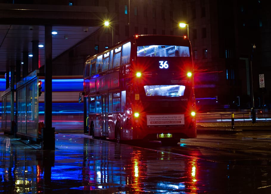 black double bus on road, illuminated, night, city, transportation HD wallpaper