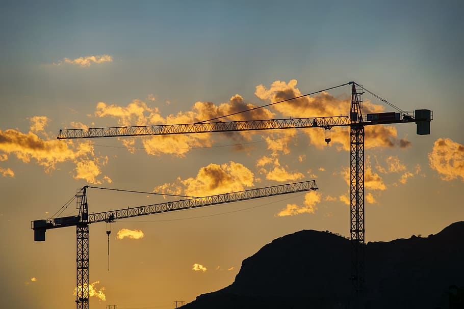 cranes, sky, sunset, orange, clouds, crane - construction machinery HD wallpaper