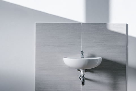 white sink mounted on wall, interior, tile, shadow, faucet, tap HD wallpaper
