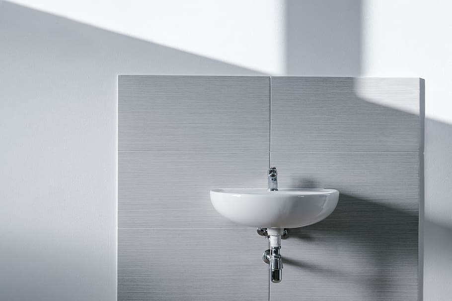 white sink mounted on wall, interior, tile, shadow, faucet, tap HD wallpaper