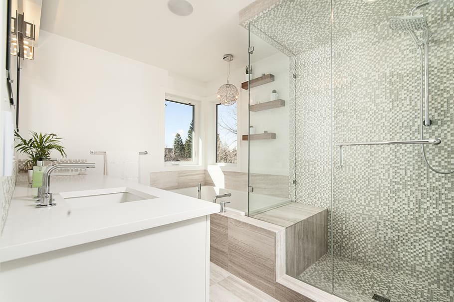 clear glass shower cubicle cover, domestic room, architecture
