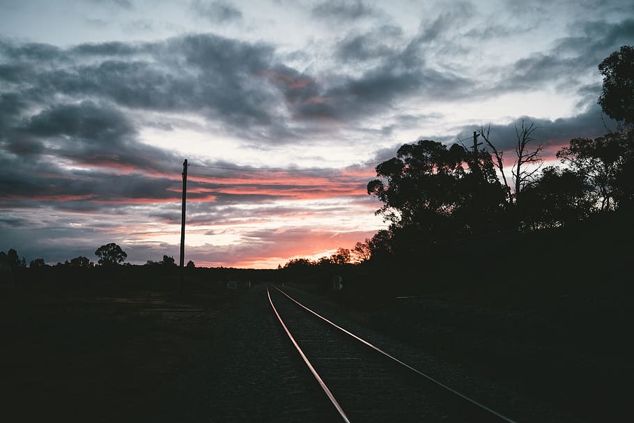 australia, narrandera, sky, pink, hot, tracks, train, sunset, HD wallpaper