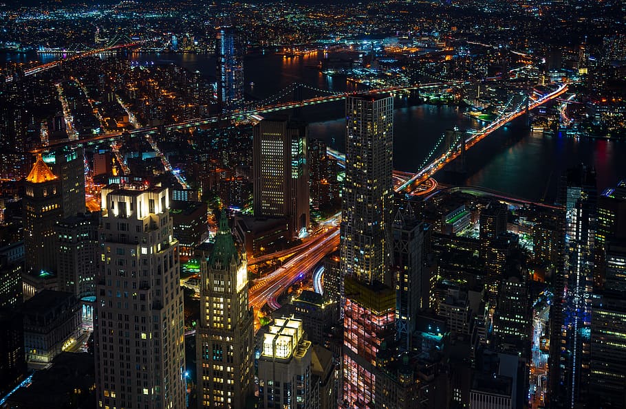 architectural photography of high-rise buildings, bridge, light HD wallpaper