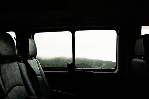 two empty black seats inside vehicle, cushion, window, silhouette HD wallpaper