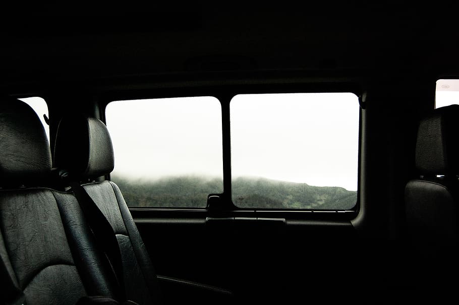 two empty black seats inside vehicle, cushion, window, silhouette HD wallpaper